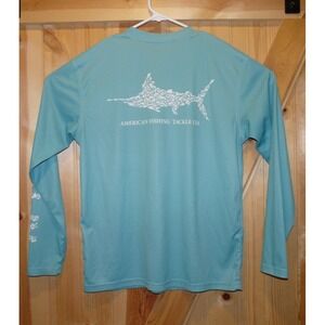 AFTCO Fishing Shirt Mens Small Aqua Green Long Sleeve Performance Marlin Graphic